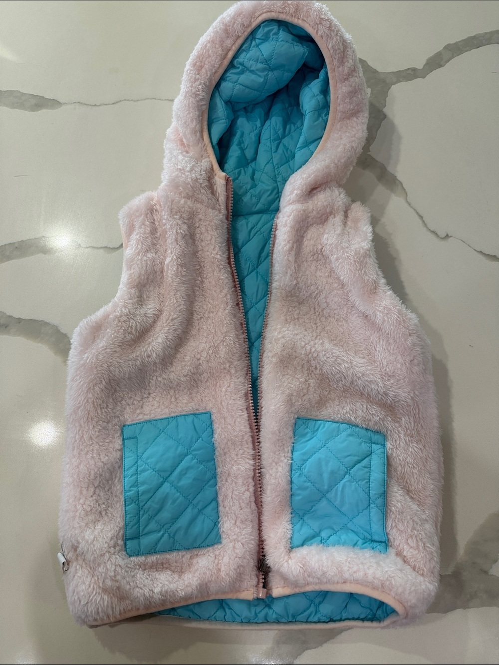 ZYIA Pink Faux-Fur Hooded Reversible Vest with Blue Quilted Lining